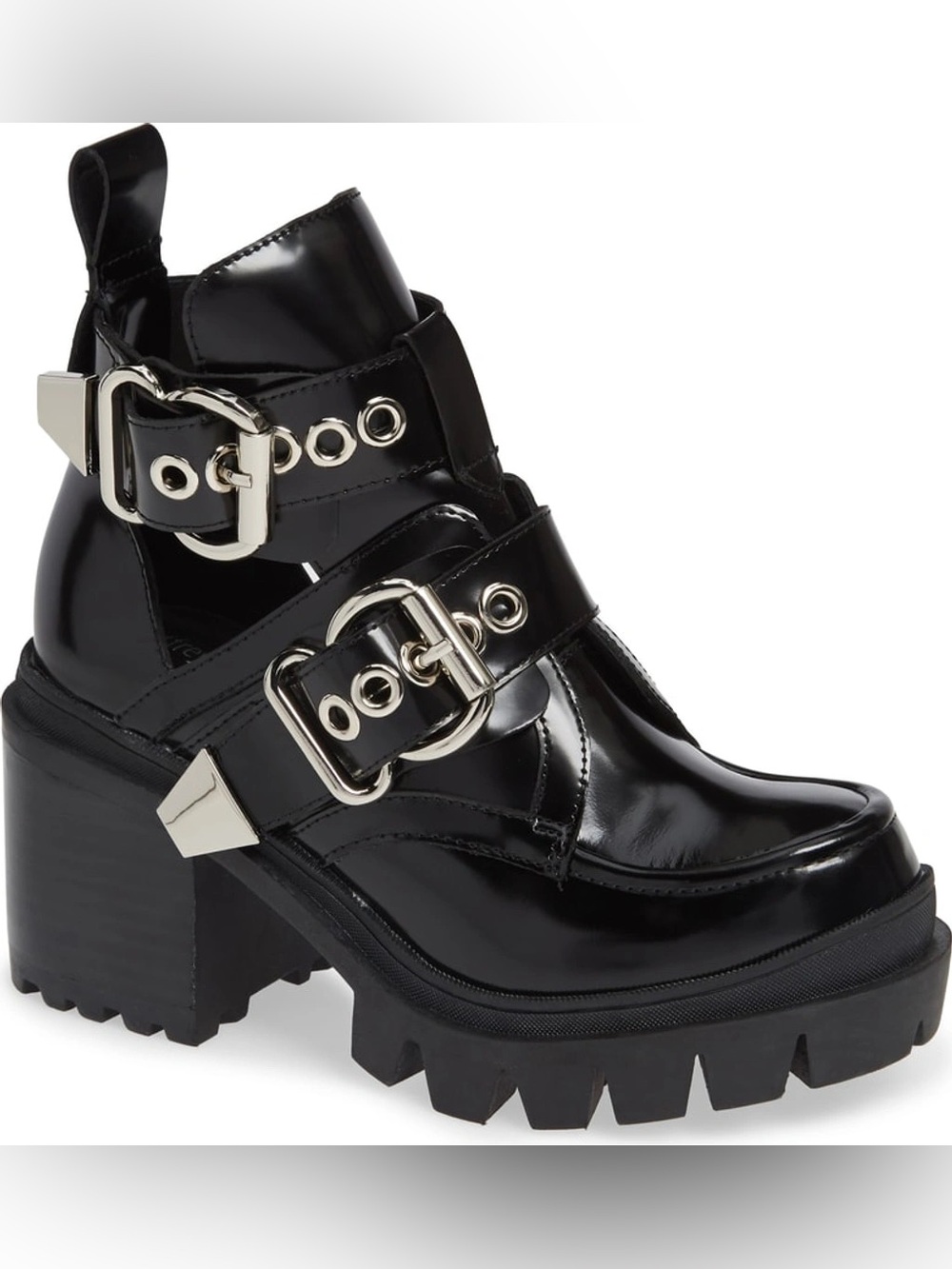 Jeffrey Campbell Shiny Black Buckle Cutout Lug-Heel Boots